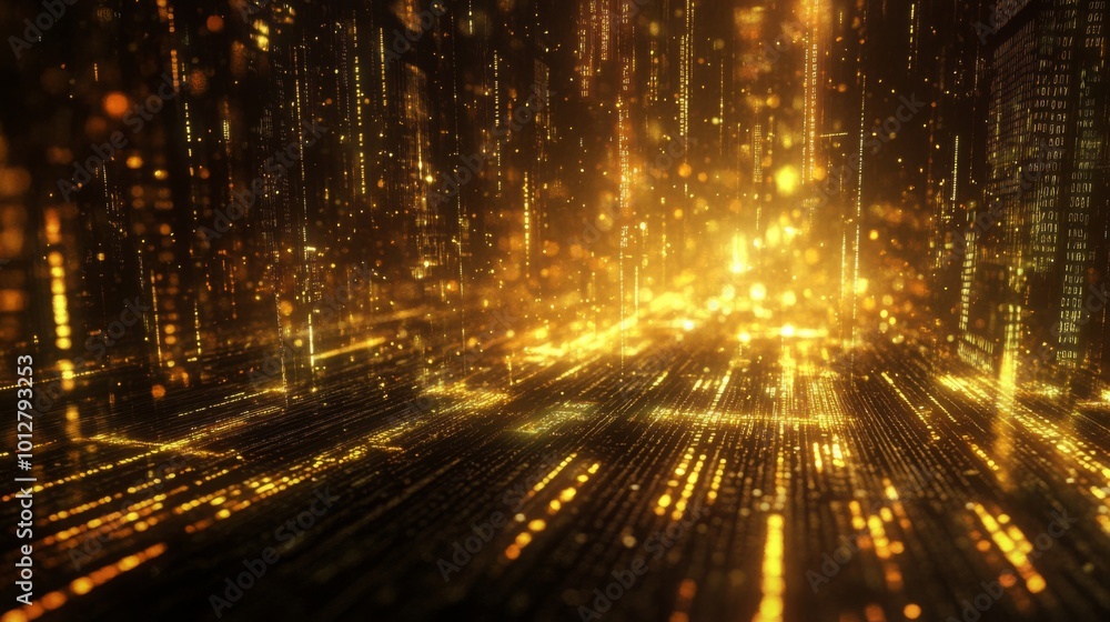 Leinwandbilder a digital abstraction featuring glowing golden lines and particles against a dark background, creati