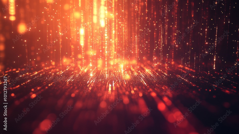 Poster a vibrant, abstract scene featuring cascading lights in warm colors, creating a dynamic, digital atm