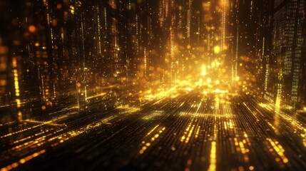A digital abstraction featuring glowing golden lines and particles against a dark background, creating a futuristic, data-inspired atmosphere.