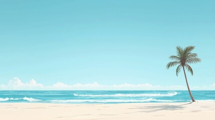 Fototapeta premium A serene beach scene featuring a solitary palm tree under a clear blue sky, perfect for relaxation and tropical vibes.