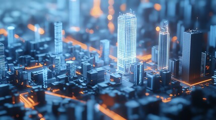 Fototapeta premium Futuristic cityscape with glowing skyscrapers.