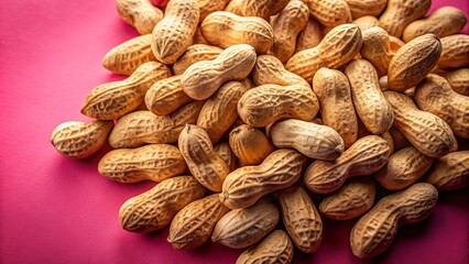 Fototapeta premium A vibrant pink background frames a heap of roasted peanuts, their wrinkled shells revealing the promise of savory flavor.