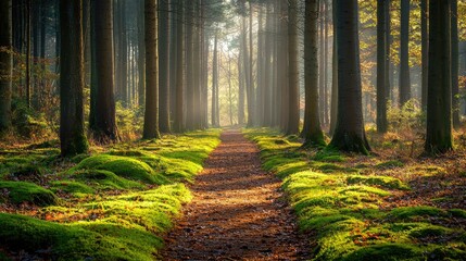 Fototapeta premium A serene forest path illuminated by sunlight, surrounded by tall trees and lush green moss, inviting tranquility and exploration.