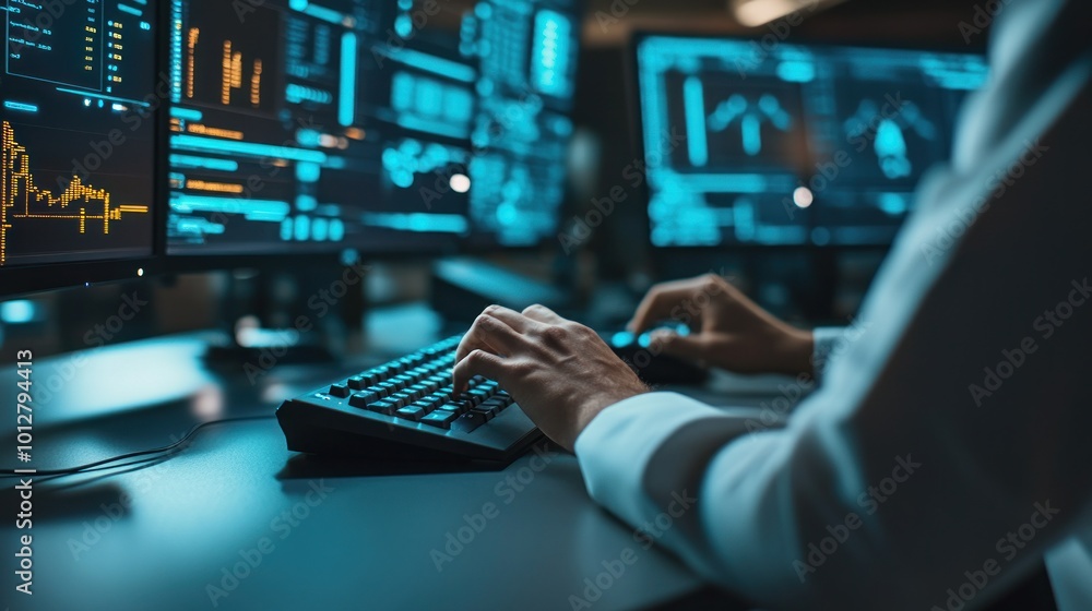 Poster cyber security analyst working on a computer