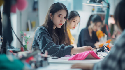 Obraz premium A group of young Asian women are working as fashion designers in a studio. They are busy creating new and trendy clothing styles. One of them is carefully designing a new dress.