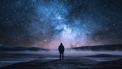 Fototapeta premium Photograph people in the wilderness at night with the Milky Way or stars above them, focusing on the contrast between the vast sky and human presence