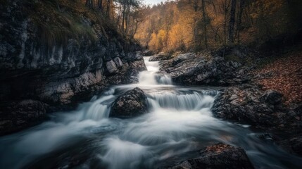 Tranquil Waterfall in Autumn Forest