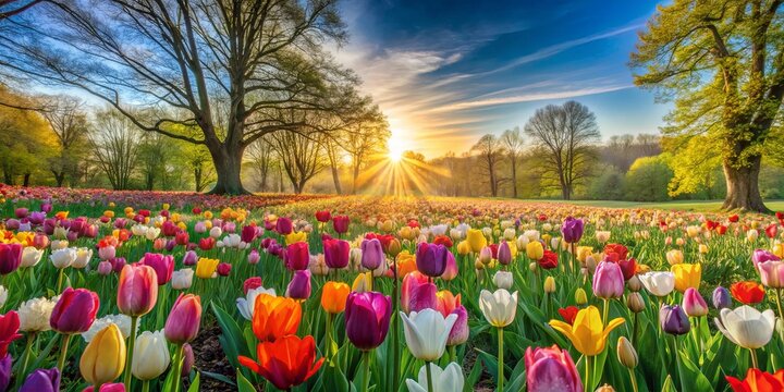 A vibrant field of colorful tulips bathed in the golden rays of a sunrise, showcasing the beauty of nature's awakening