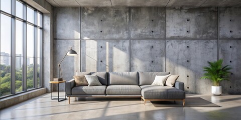 Modern Sectional Sofa Against a Concrete Wall with a View of Trees Through a Large Window