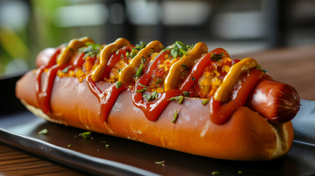 A hot dog topped with ketchup and mustard.