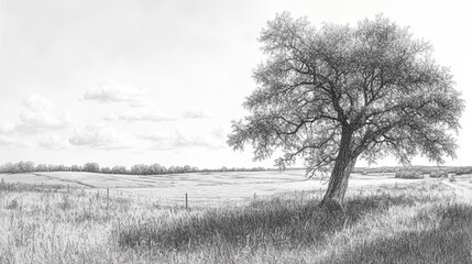 A solitary tree stands in a field, outlined against a cloudy sky.