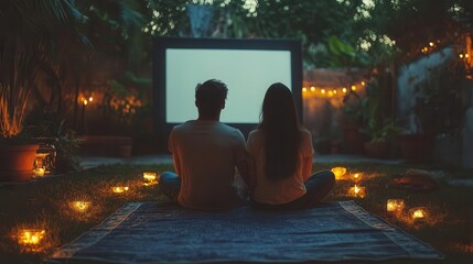 Fototapeta premium A cozy outdoor movie night with a couple sitting under twinkling lights, enjoying a film on a warm evening.