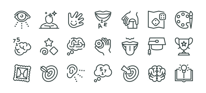 Early children development, cognitive abilities and preschool development children icons pack. Such line signs as fine motor skills, articulation. Vector icons set for web in outline editable stroke.