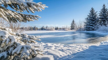 A serene winter landscape with snow-covered trees and a tranquil icy pond, creating a picturesque setting under a clear blue sky.