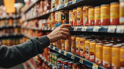 A shopper's hand reaching for a jar on a grocery store shelf filled with various colorful canned goods.