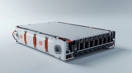 A high-capacity EV battery module with detailed cell structure and connectors, isolated on white background
