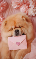 Chow Chow holding a pink love letter generated by AI
