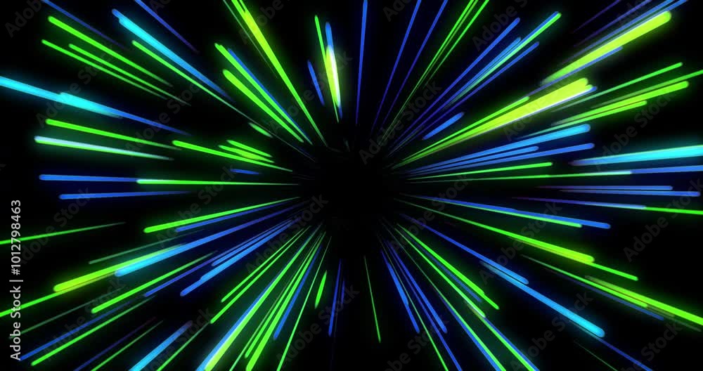 Poster animation of tunnel of glowing light trails of data transfer