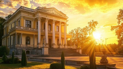 Naklejka premium A stunning historic mansion illuminated by a vibrant sunset, surrounded by lush greenery and a serene ambiance.