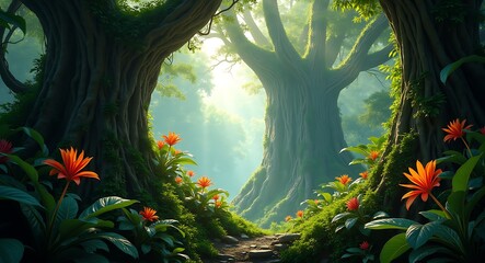 Landscapes Background, Tropical Lush Forrest with Towering Tree and Orange Flowers