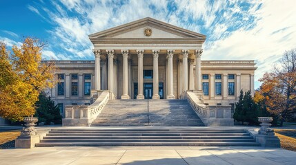 Naklejka premium A stunning view of a grand building with majestic columns and a beautiful sky, perfect for architecture and historical themes.