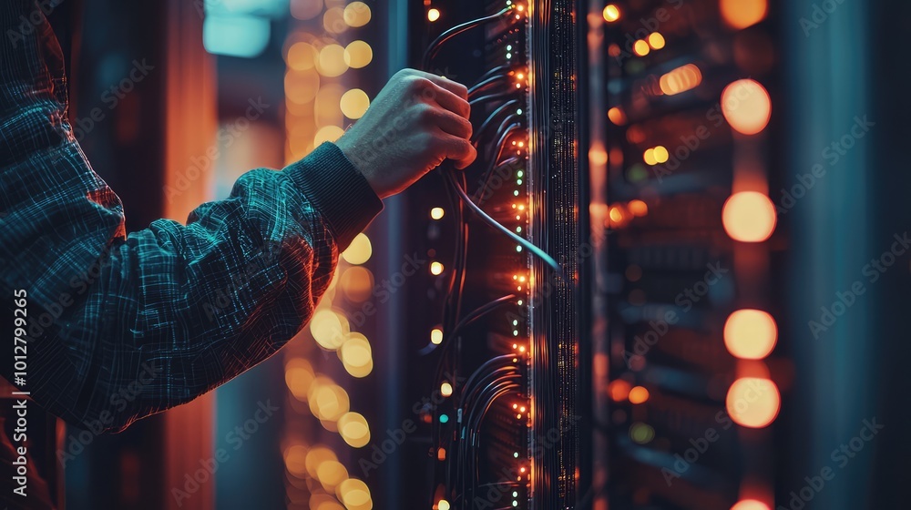 Poster a technician adjusting cables in a server room, illuminated by colorful led lights, emphasizing tech
