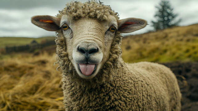 A sheep with a funny expression, sticking its tongue out.