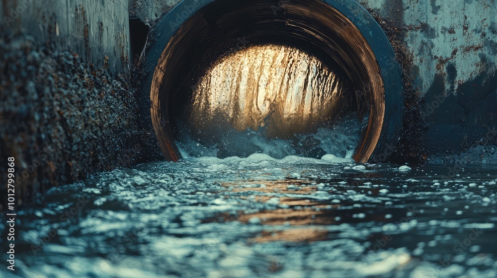 Poster a tranquil view of water flowing through a large pipe, illuminated by soft golden light, capturing n