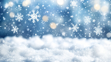 Fototapeta premium A snowy winter scene with falling snow, perfect for a Christmas background. The sky is filled with snowflakes of all shapes and sizes, while snowdrifts cover the ground.