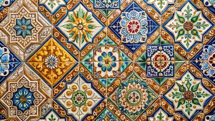 A Tapestry of Hand-Painted Tiles with Intricate Floral Designs and Geometric Patterns in Hues of Blue, Gold, and Green