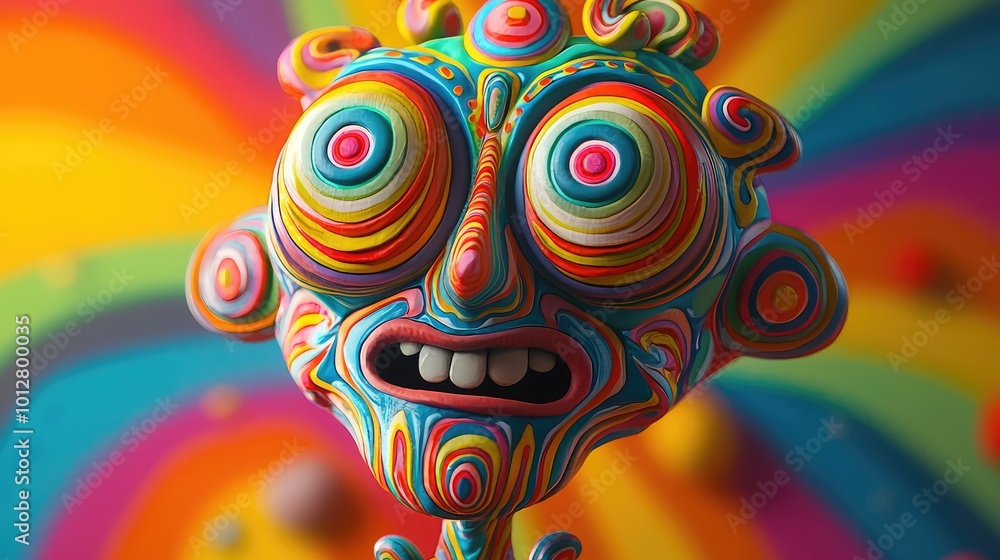 Poster a vibrant, animated character with a psychedelic swirl pattern, evoking feelings of joy and whimsy a