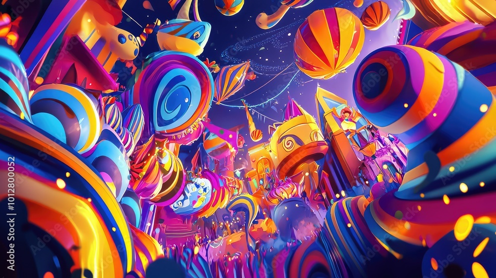 Poster a vibrant abstract world filled with colorful forms, swirling patterns, and playful elements creatin