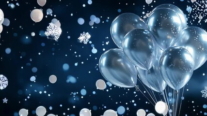 Elegant silver balloons float in a starry night sky. Glistening snowflakes fall, creating a magical winter atmosphere. Dark background with twinkling stars.  - Powered by Adobe