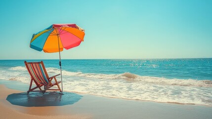 A vibrant beach scene featuring a colorful umbrella and a deck chair beside gentle waves, perfect for relaxation and summer vibes.