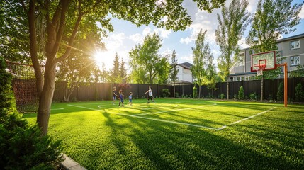 Obraz premium A vibrant backyard scene featuring children playing basketball on a sunny day, surrounded by lush green grass and trees.