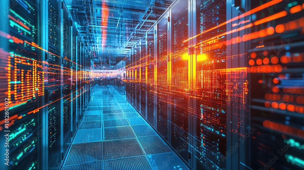 Poster a vibrant data center corridor showcasing illuminated servers and data visualizations, symbolizing a