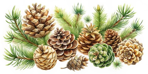Fototapeta premium A Detailed Watercolor Depiction of a Collection of Cones and Branches, Showcasing the Intricate Details and Varied Textures of These Natural Elements.