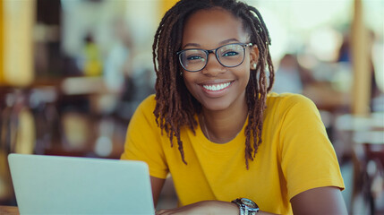 African-American woman glasses sitting table cafe working laptop