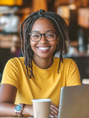 African-American woman glasses sitting table cafe working laptop