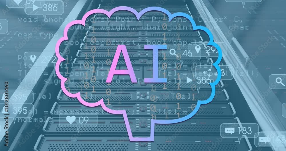 Poster animation of ai data processing with icons and computer server