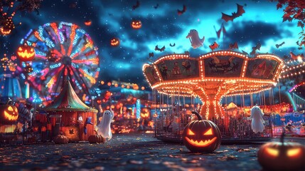 A vibrant Halloween carnival scene with illuminated attractions, spooky decorations, and festive pumpkins under a dark, starry sky.