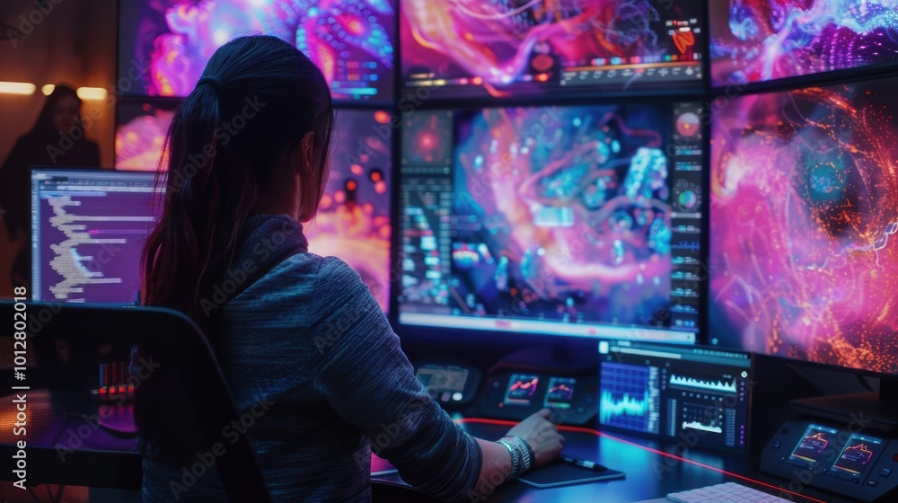 Poster digital artist creating on multiple screens