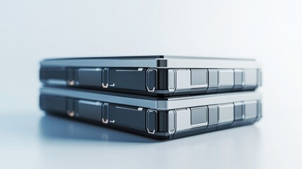 A sleek and modern EV battery module with multiple cells stacked together, isolated on white