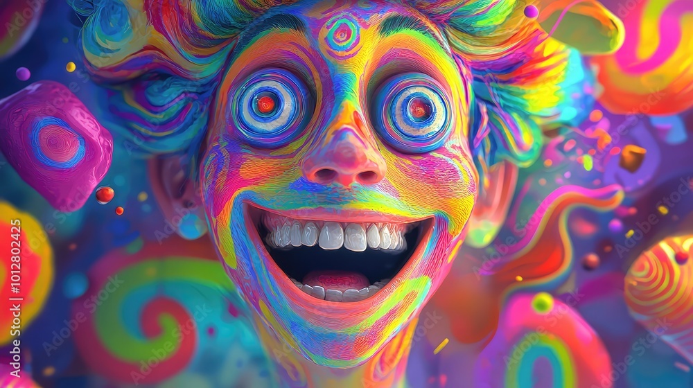 Poster a vibrant portrait of joy, featuring colorful swirls and dynamic patterns, evoking a sense of happin
