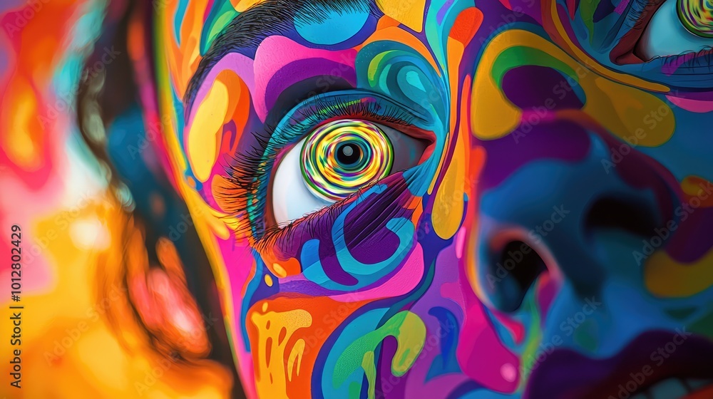 Poster a vibrant portrait showcasing a face with colorful patterns, capturing a surreal blend of emotions a