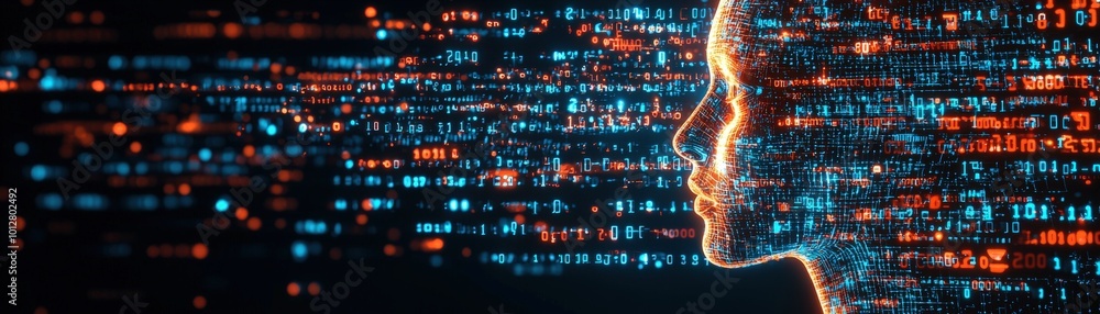 Poster striking realistic profile with digital data visualization