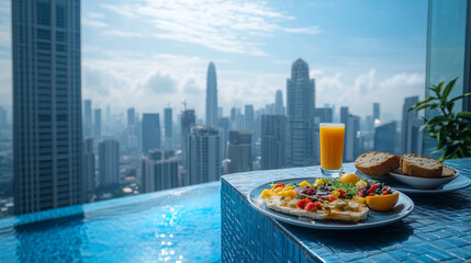 Beautiful rooftop infinity swimming pool background, Refreshing breakfast and  drink and fruits on...