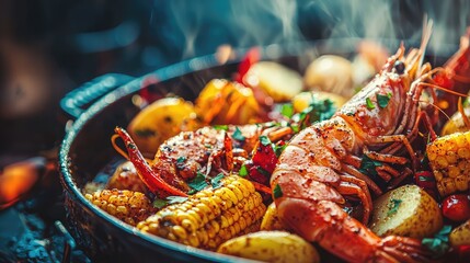 A vibrant seafood dish featuring lobster, corn, and potatoes, beautifully arranged and garnished, showcasing culinary artistry.