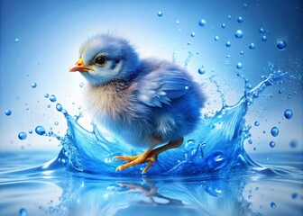 Fototapeta premium Blue Water Chick Splashing in Water - Vibrant and Playful Liquid Art for Nature and Animal Enthusiasts