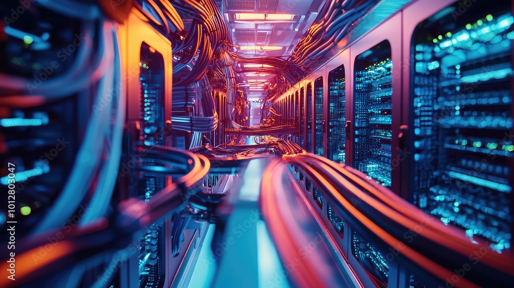 Poster a vibrant view of a modern server room, featuring illuminated wires and high-tech equipment for data